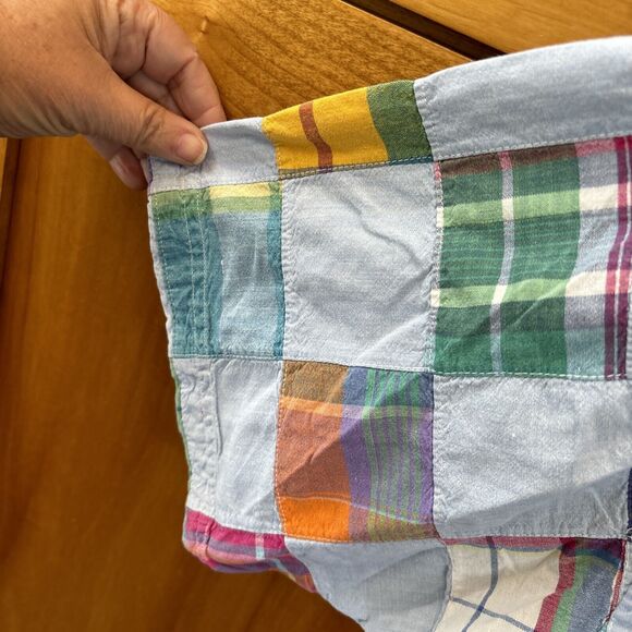 417 Van Heusen Men XL Blue Madras Plaid Patchwork Short Sleeve Shirt Cotton - Picture 6 of 9